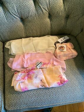 Randolph Duke Pink Tweed Evening Clutch with Flower Accent & 3 silk scarves